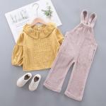 Girls Outfit Sets Bubble Sleeve Shirt Shoulder Band Lapel Pink Denim Overalls