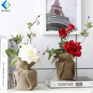 China Tabletop Decoration Artificial Green Plants , Linen Bag Potted Fake Rose Plants factory