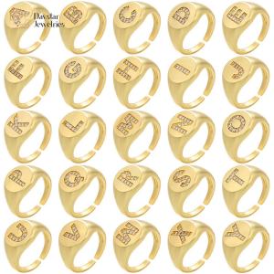 China Adjustable Rhinestone Diamond Initial Ring , Chunky Zircon Gold Plated Letter Ring factory