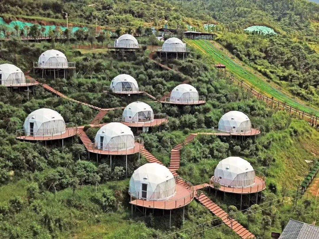 Custom Galvanized steel poles PVC glamping Geodesic Dome Tent House