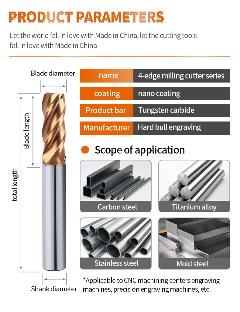 Manufacturer Solid Hard Alloy 4Flute Spiral Groove Flat Bottom Engraving End Milling Cutter Metal Cutting Cnc Metal Working Bit