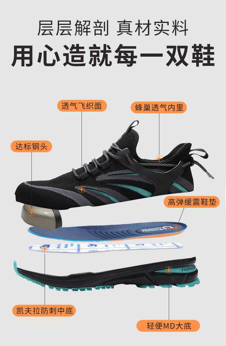 Anti-stab Steel Toe Summer Flying Knit Work Shoes With Comfortable Kevlar Midsole And MD Sole