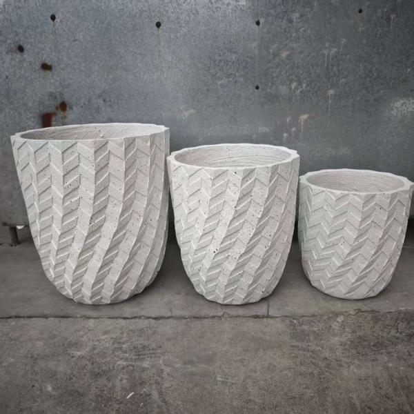 Herringbone Pattern White Round Fiber Clay Planter Frame Entrances
