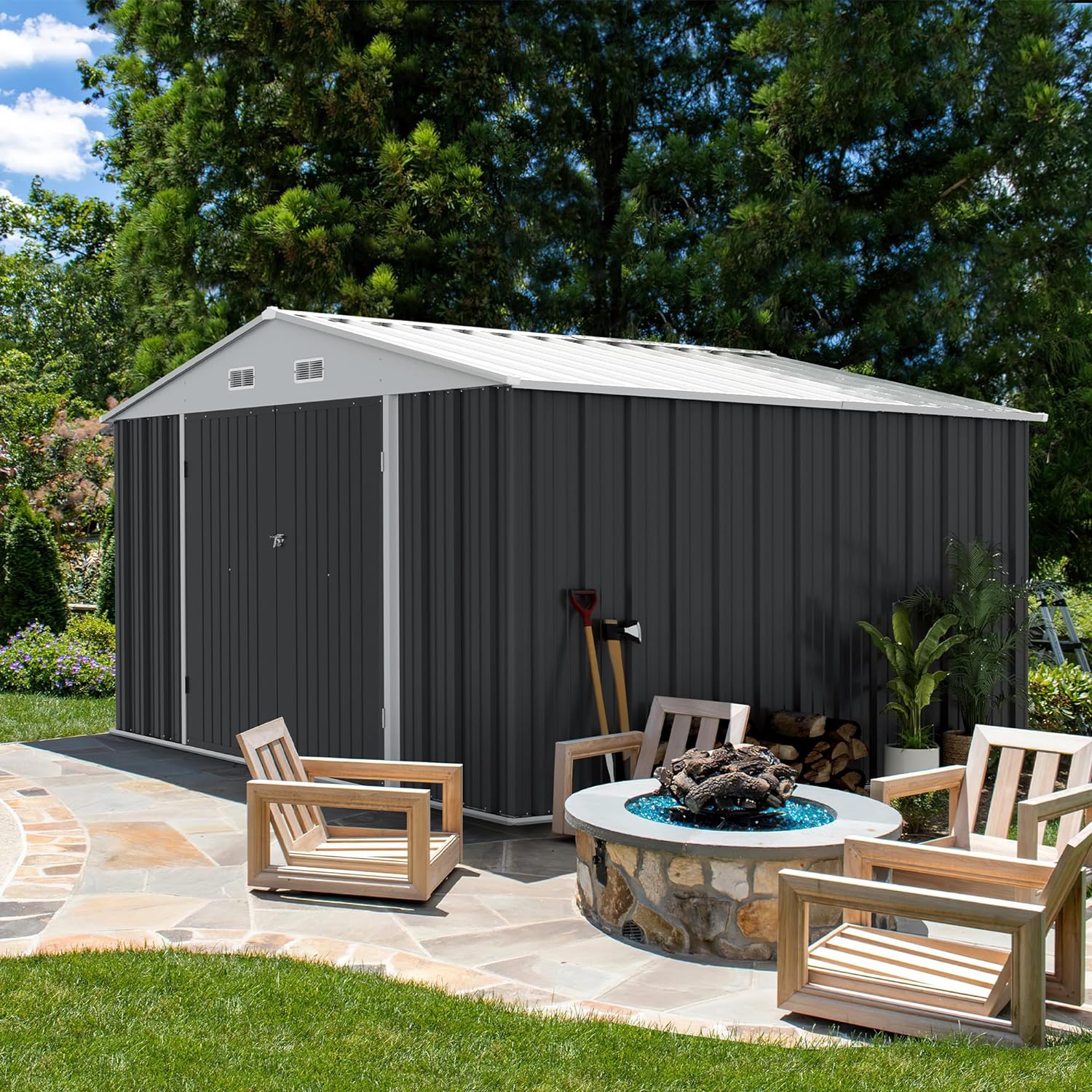Outdoor Storage Tools Shed Large Size 8x10FT Metal House with 66.5" Height Steel Doors