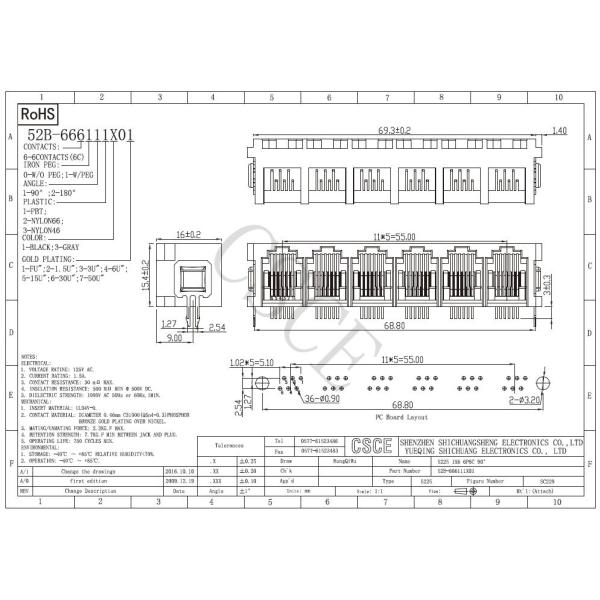Tab Up RJ11 6 Pin Connector , Telephone Modular Jack 1 * 6 Port With Hook