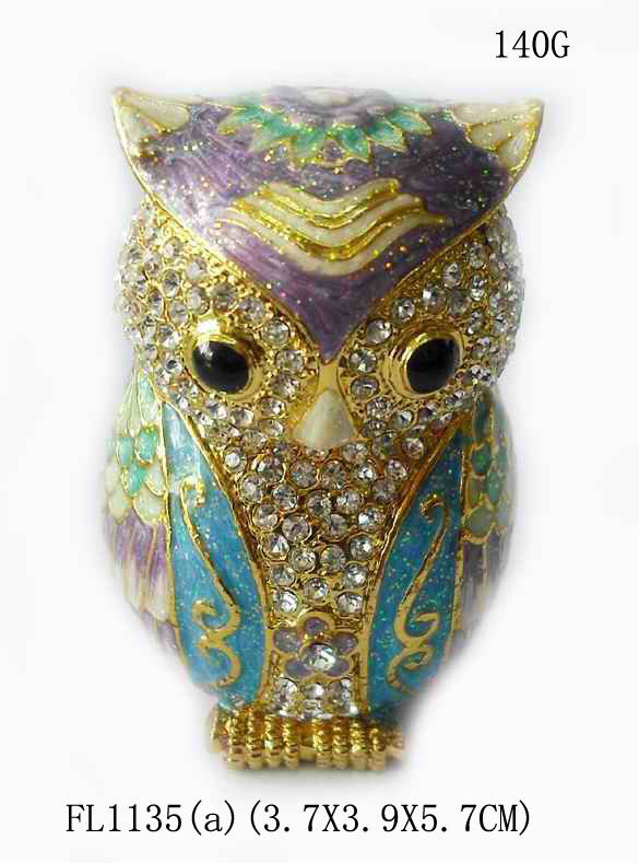 Bird owl metal jewelry box for jewelry wholesales owl jeweled enamel trinket box