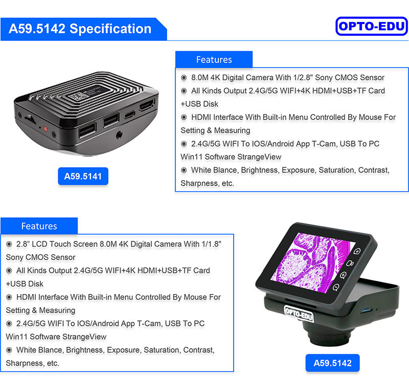 OPTO-EDU A59.5142 8.0M 4K Digital Microscope Camera with 1/1.8" Sony CMOS Sensor and 2.8" LCD Touch Screen