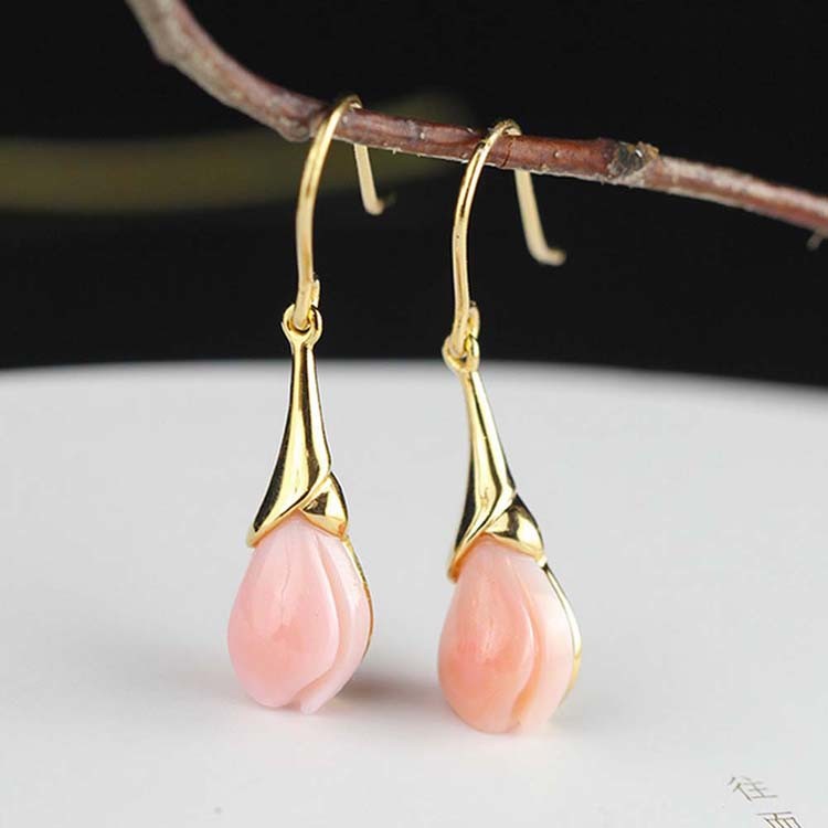 18K Gold Plated Sterling 925 Silver Pink Shell Sculptured Tulip Drop Earring (EZ760003E)