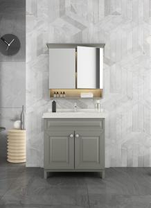 China Grey Stainless Steel Bathroom Vanity With Elegant Mirror Cabinet And Shaped Door factory