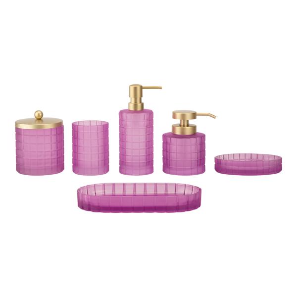 Purple glass bathroom accessories set round with big checker box soap dish soap dispenser
