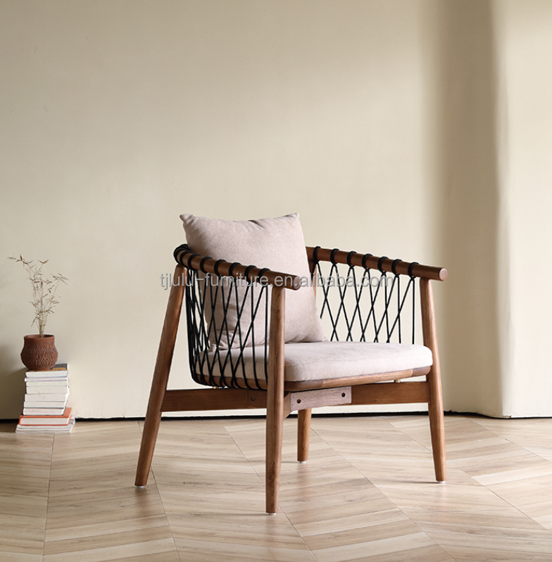 Mail Packing Y Nordic Lounge Wood Sofa Leisure Chair Woven Rope Solid Wood Chair With Armrest for Hotel