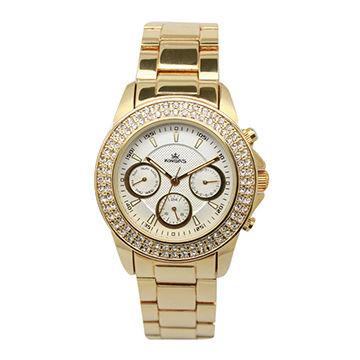 Multifunction Ladies Gold Watches With Diamonds On Bezel , Fashion Watches For