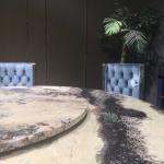 Round Marble Top Dining Table Luxury Durable Frame Leather Cover With Lazy Susan