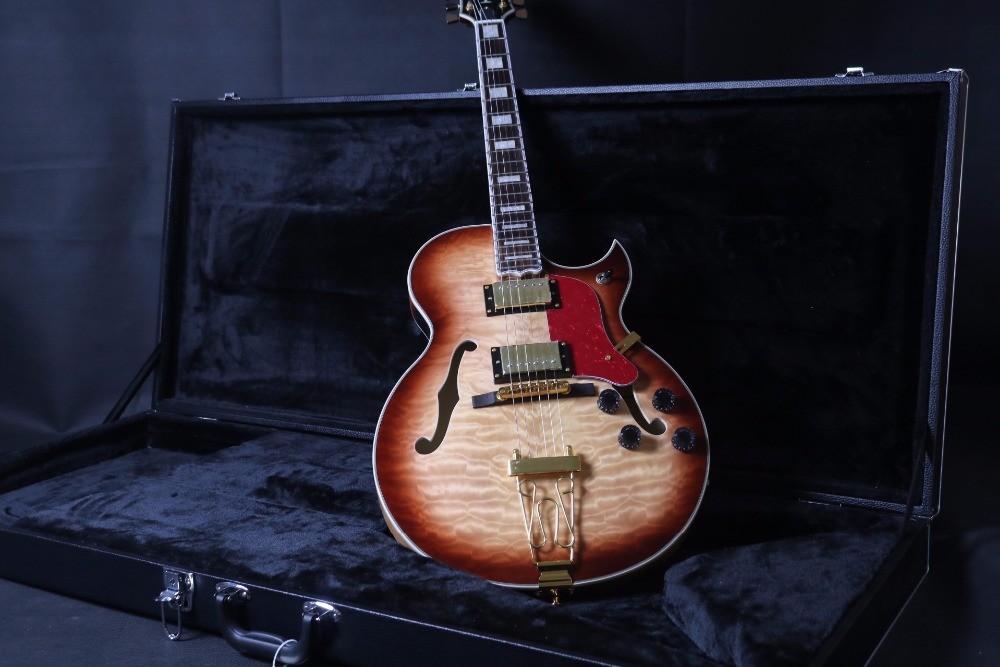 Top Quality Stock Full Hollow Body 41'' Electric Guitar Small Gold Hardware Black Color