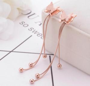 China Fashionable Stud Butterfly Jewelry , Ball Dangle Tassel Stainless Steel Earring, Rose Gold butterfly stud Earring factory