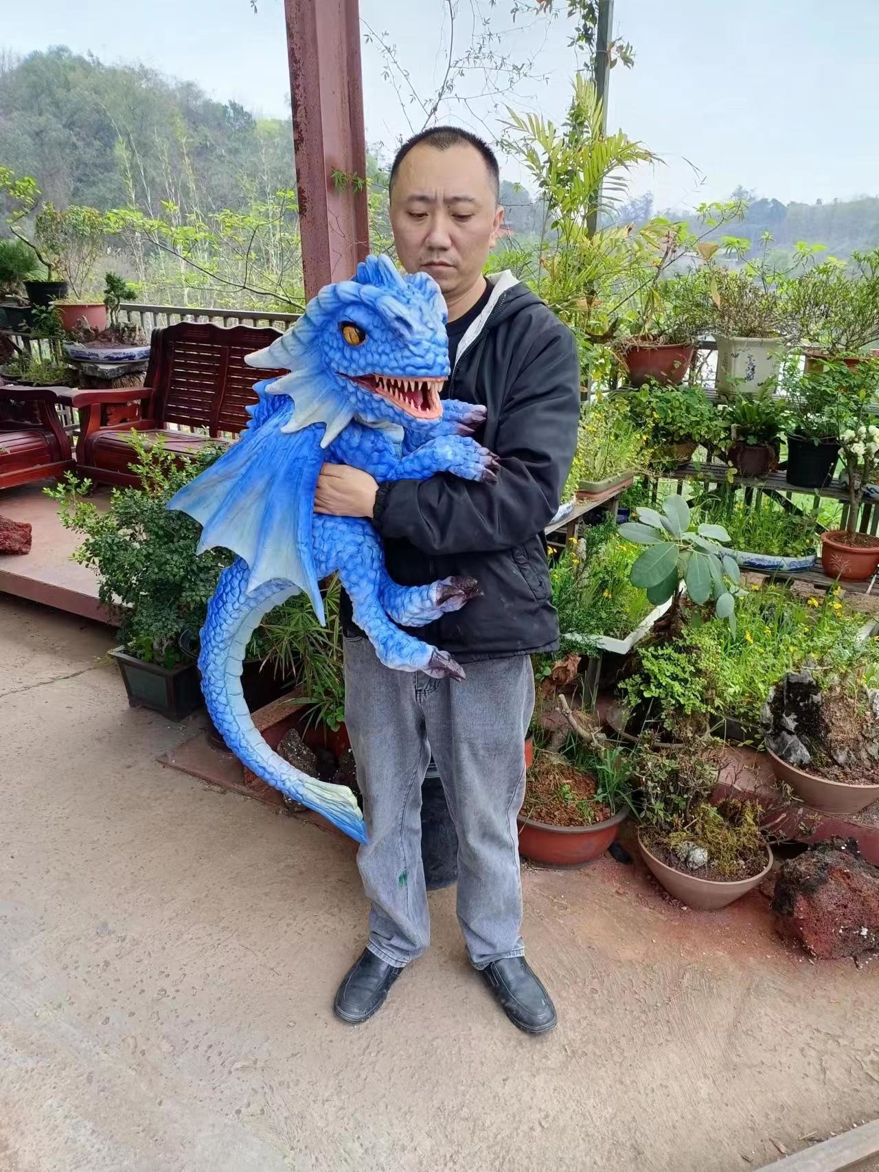 Hand Puppet Simulation Blue Realistic Animatronic Dinosaur Baby With Wings