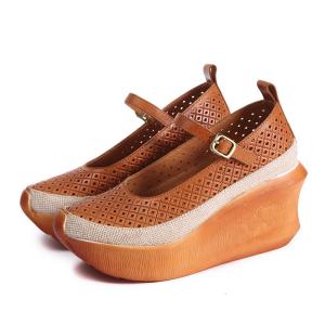 China S468 Hollow Retro Ethnic Style Slope With Thick-Soled Guangzhou Women'S Shoes Handmade Leather Platform Shoes Fashion Sh factory