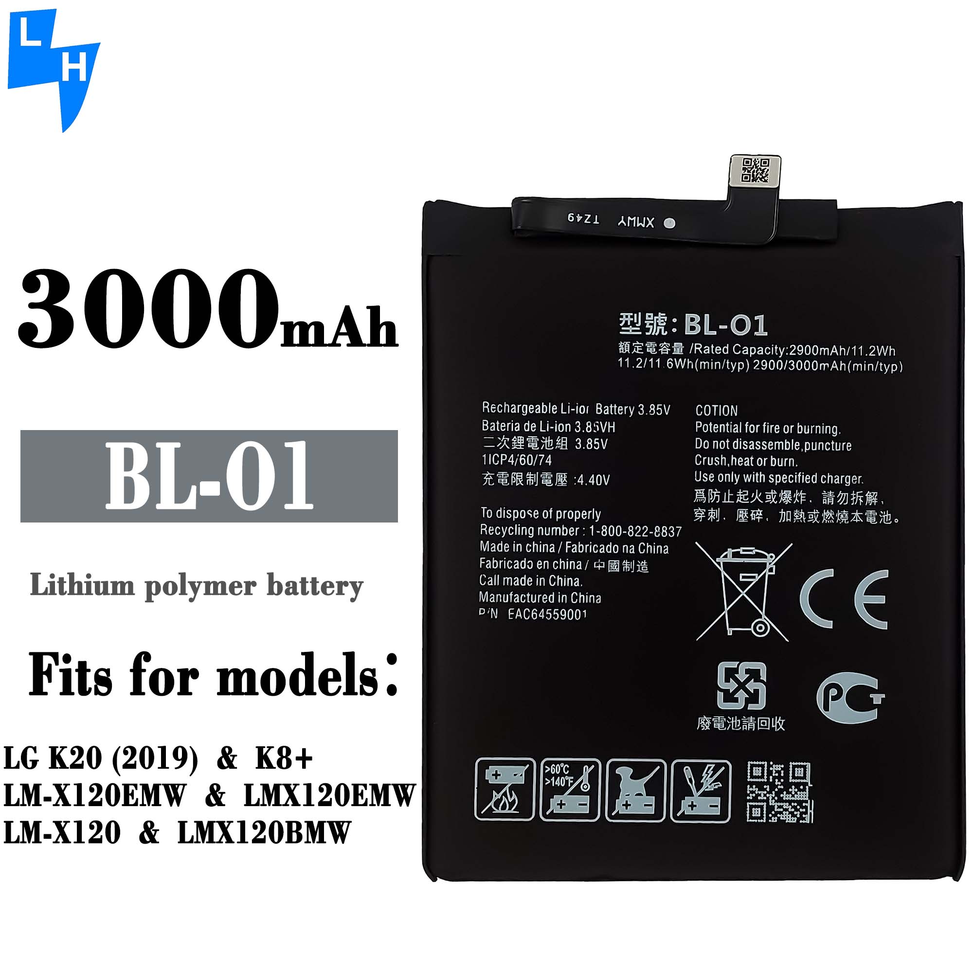 black Original Rechargeable Battery BL-O1 for LG K20 2019 K8 LM-X120EMW 3000mAh 3.84V