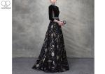 Birds Pattern Black Long Sleeve Ball Gown Blue Diamonds Beaded Back Hollow