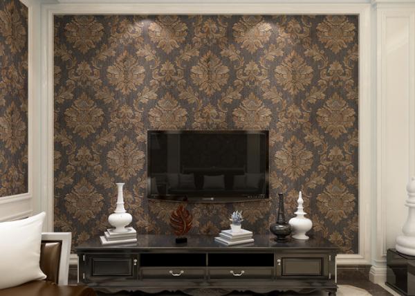 Removable Victorian Damask Wallpaper Embossed Black and Golden Pattern , 0.53