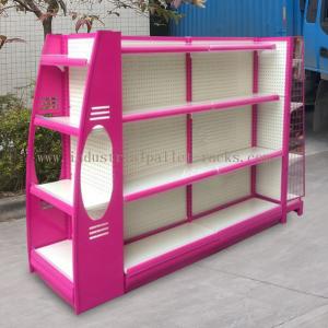 China Multi Sizes 4 Levels Metal Gondola Shelving Double Side Display Racks Pink For Retail shop factory