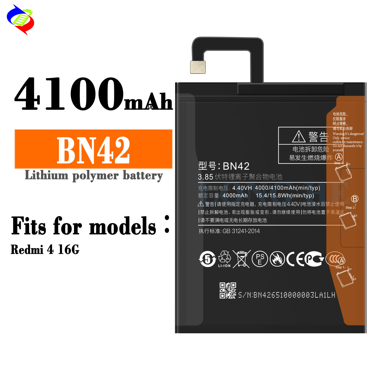 4100mAh Capacity Rechargeable Batteries for XIAOMI REDMI 4 Mobile BN42 Phone