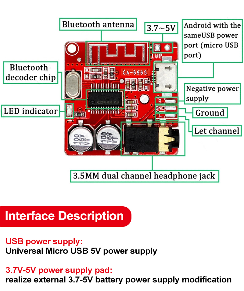 2 Channels 5V CA-6965 BT5.0 Audio Receiver Board for Wireless Stereo Music Module