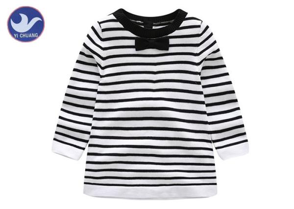 Cotton Knitted Girl Striped Dress , Black And White Childrens Dresses Long