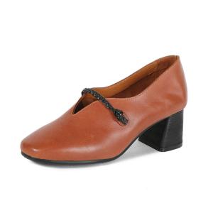 China S415 Shoes Square Toe Thick Heel Leather Women'S Shoes Mori Art Simple Handmade Single Shoes Factory Wholesale factory