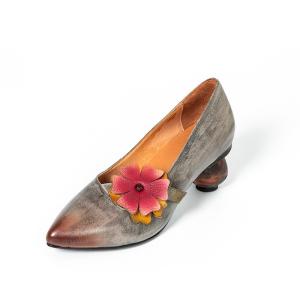 China S381 Spring New Flowers Handmade Leather Single Shoes Pointed Toe Retro Thick High Heel Women'S Shoes Wholesale factory