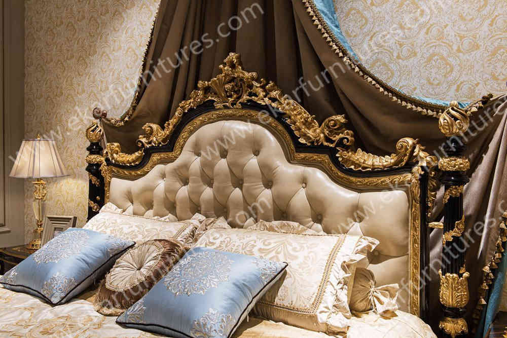 Italy antique luxuxy bedroom furniture master wooden leather bed AA-308