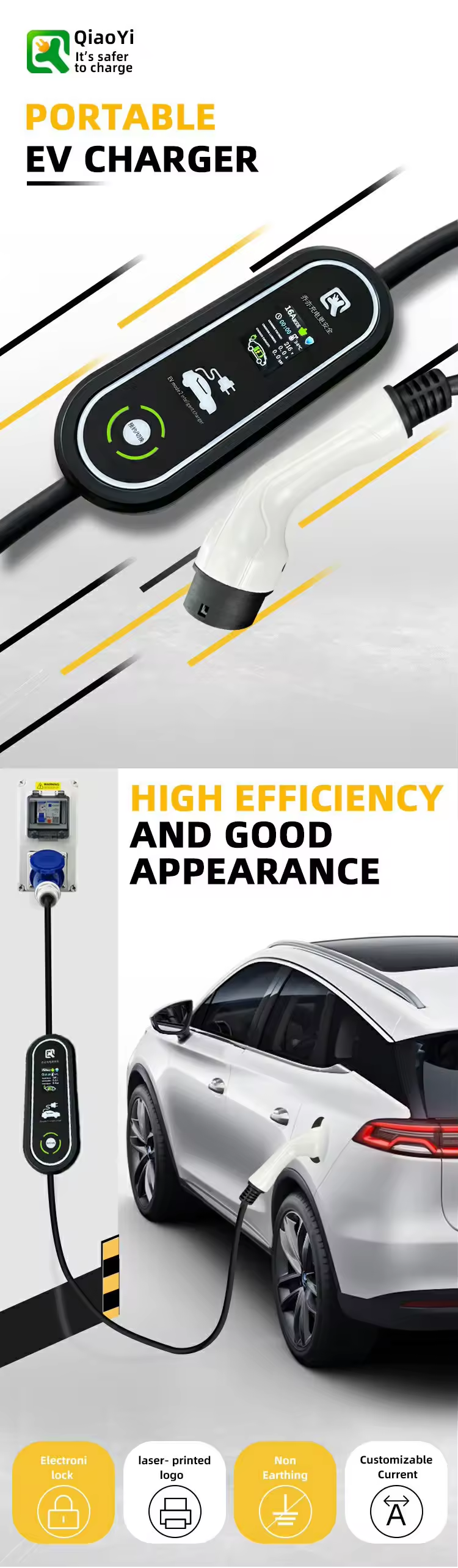 5M Type2 Portable Ev Charger 32A Adjustable Color screen Charging Cable with 220V Input Voltage and LP55 Protection Level