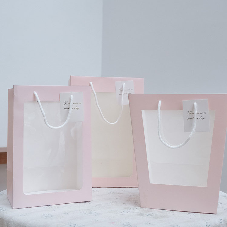 Personalized Designer Paper Bags with Clear Window Custom Your Own Logo on Ivory Board