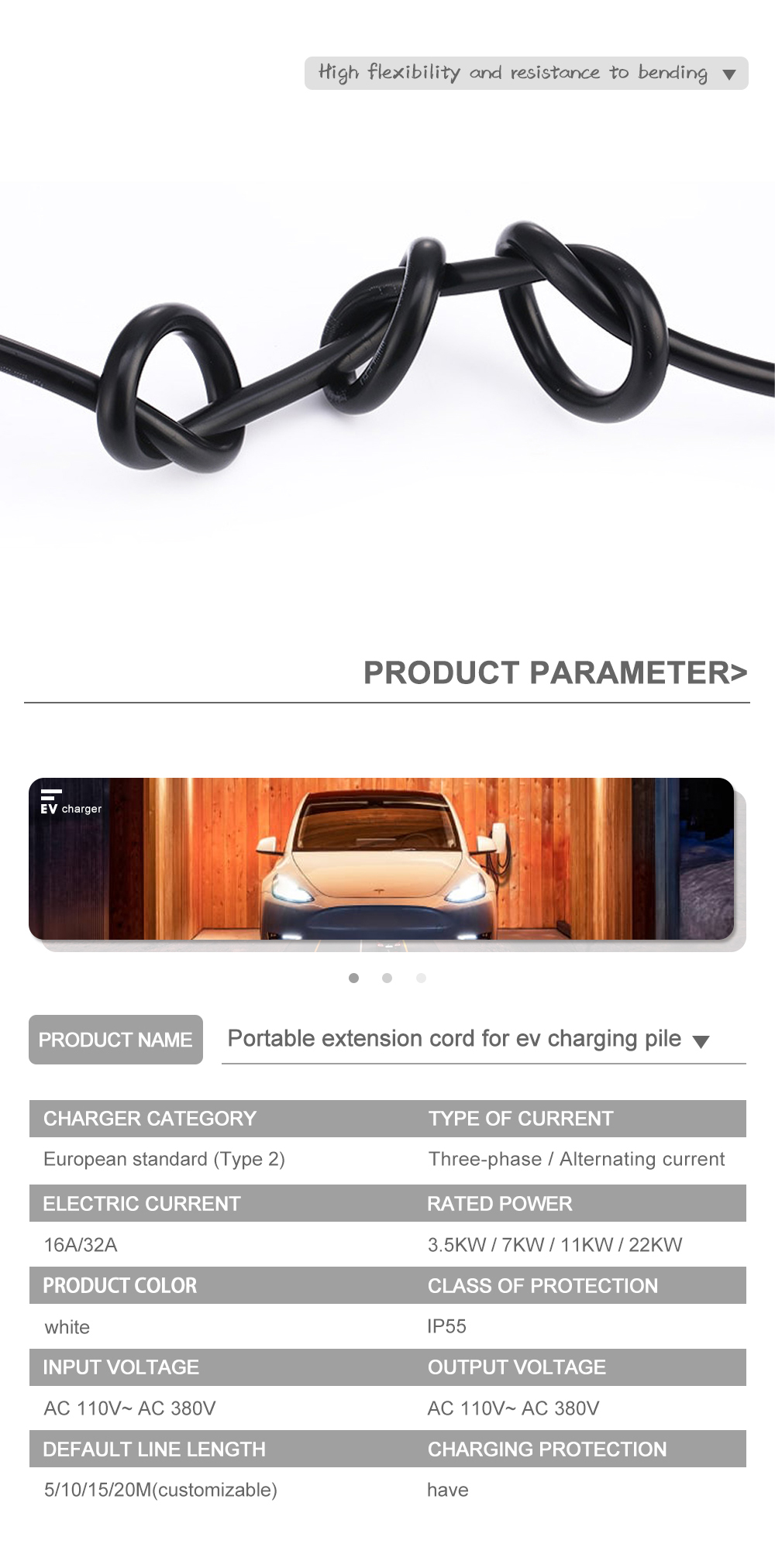 Prophylactic Temperature Protection Type 2 to Type 2 EV Charging Cable 5m Length from E-mingze for EV Charging Stations