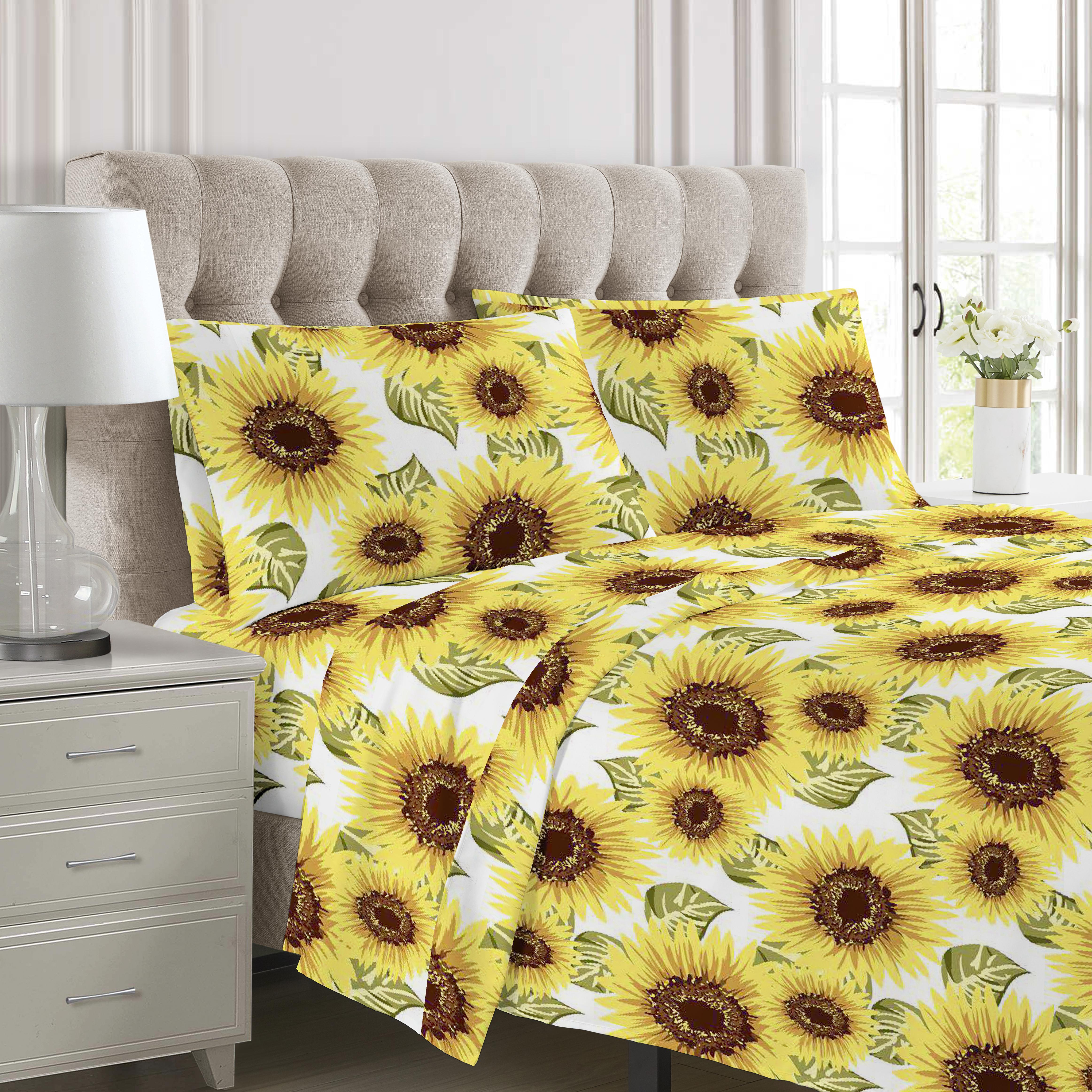 Home 100% Polyester Yellow Floral Print Bedding Set with 2 Curtains 8 Pieces