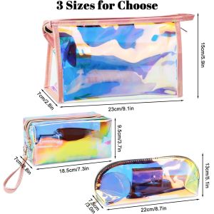 Holographic Makeup Bags Set, Clear Iridescent Cosmetic Bags, Portable Waterproof Toiletry Bag, Travel Zippered Makeup Organizer Cosmetic Pouch for Women, Mothers Day Gifts