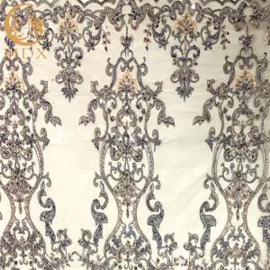 China Grey 3D Handmade Beaded Lace Fabric For Lady Wedding factory
