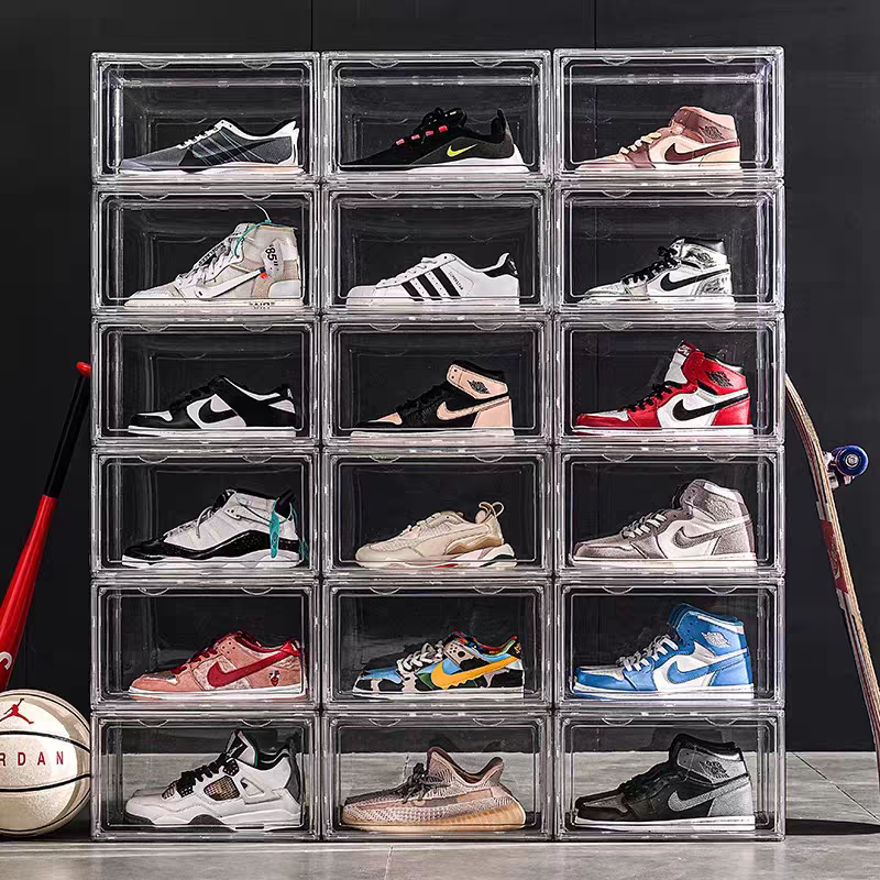 Custom Transparent Plastic Sneaker Stackable Shoe Storage Boxes Drop Front