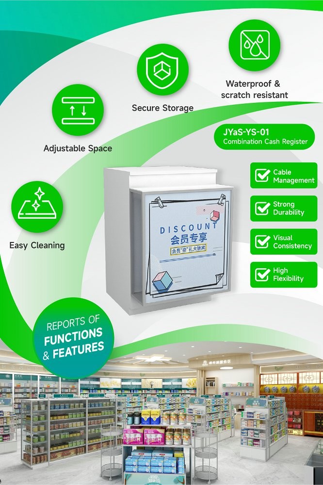 JYaS-YS-01 Modern Minimalist Pharmacy Front Desk Cash Register with White Over-oiled Board and Adjustable Shelves