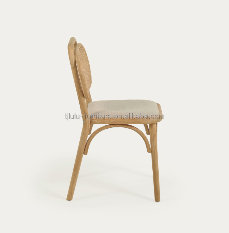 Vintage Style Dining Chair in Natural Wood with Fabric Seat and Real Rattan Backrest W47*D51*H82.5CM