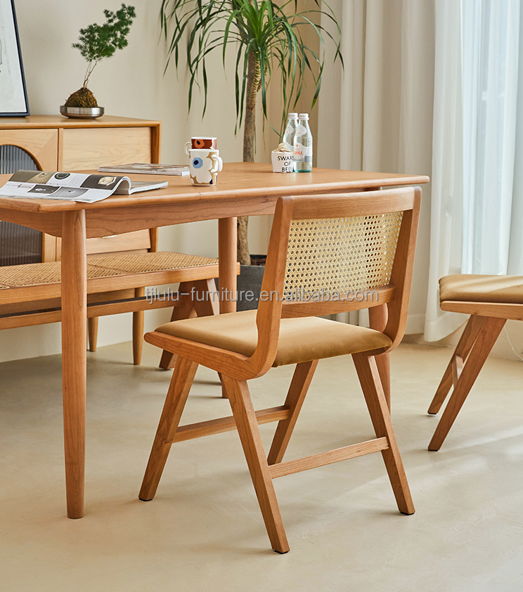 Home Furniture Lacquered Finish Solid Wood Dining Chair With Cushion And Natural Rattan Backrest For Modern Design Furniture