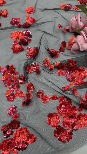 New Collection Red Sequin Embroidered Lace Fabric 3D Floral Elegent Wedding