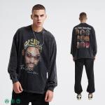 Men'S Hip Hop Acid Wash Crewneck Sweatshirt Athletic Black Distressed Vintage T
