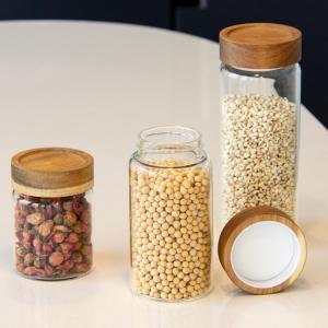 China Food Container Spice Glass Container Jars Kitchen Borosilicate With Wood Lid factory