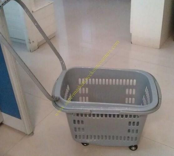 Grey Flip Handles Grocery Basket With Wheels / Stores Small Shopping Trolleys On