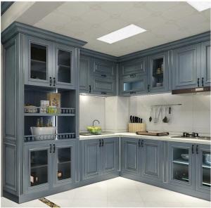 China Modern Modular Kitchen Cabinets With Glass Door Upper Cabinet And Light Blue Color Finish factory