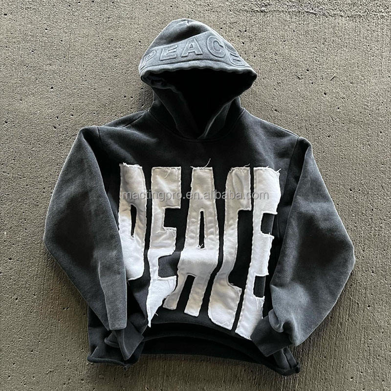 Mens Acid Wash Oversized Hoodie Sweatshirt Embroidered Patch Work Distressed Hooded Pullover Hoodie For Men