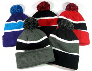China Black And White Strips Knit Pom Pom Beanie For Adults Embroidery Logo Founded factory