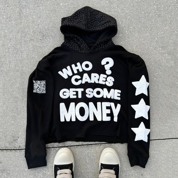 Rhinestone Black 3d Custom Puff Print Hoodie Pullover 100% Cotton Heavyweight