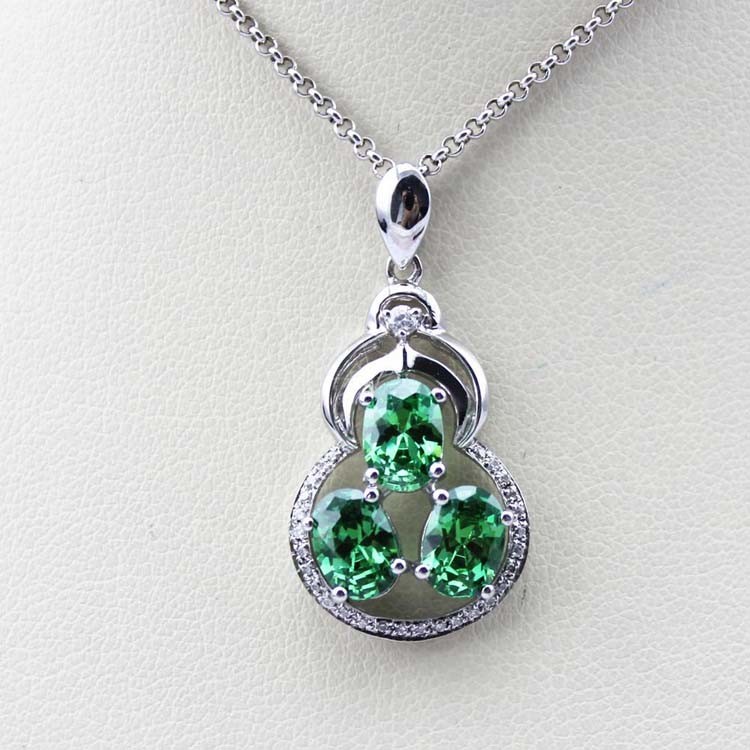 925 Silver Three Stones Green Clear Cubic Zircon Pendant Necklace (PSJ0377)